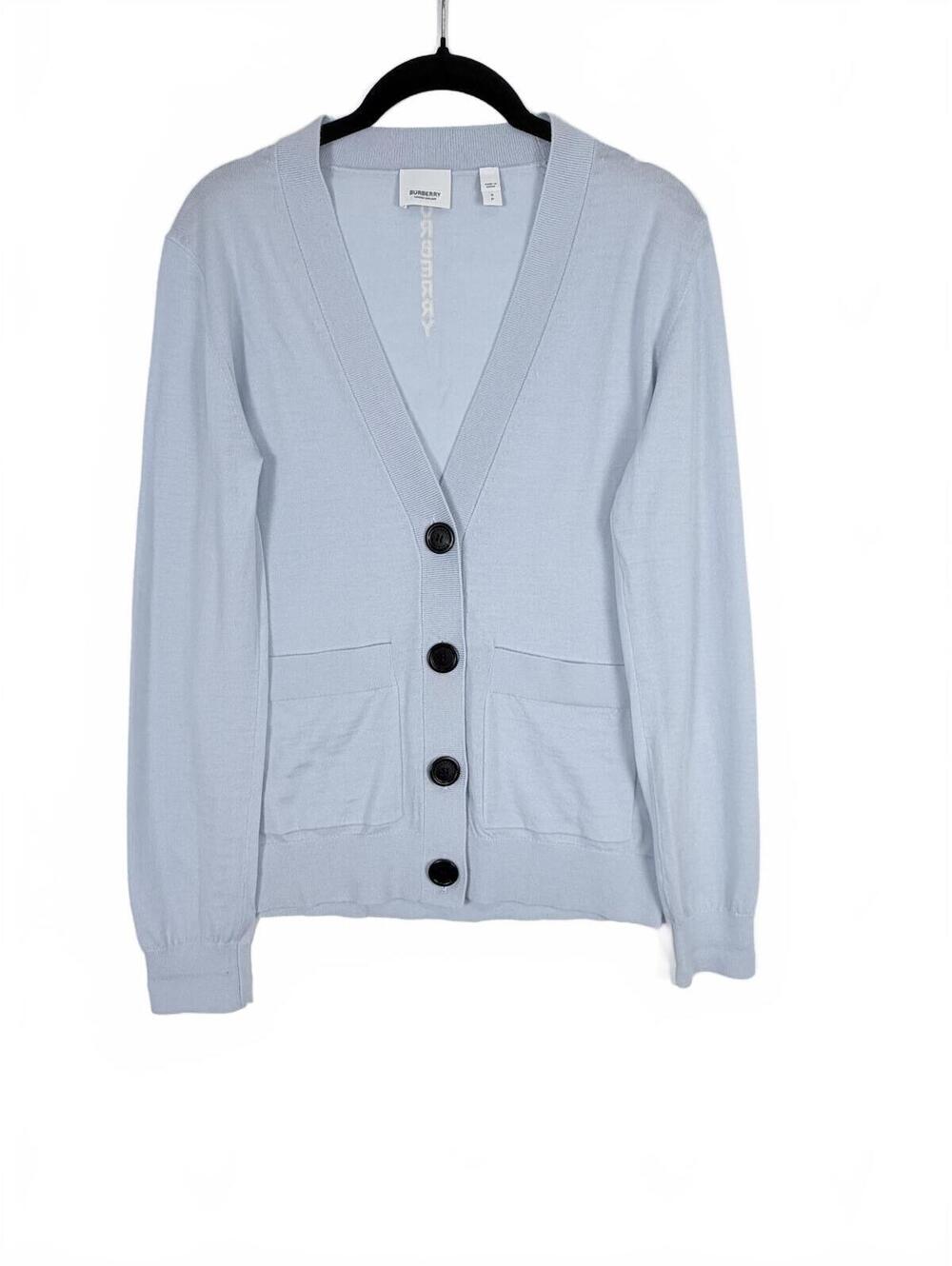 Burberry Light Blue Intarsia Back Logo V-Neck Button Cardigan Sweater Small‎